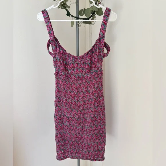 Free People Intimately Juniper Floral Mini Dress Smocked Bodycon Pink Sz Small - Picture 4 of 14